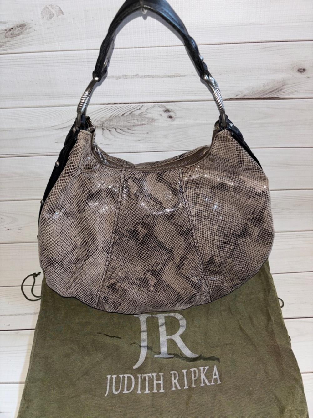 Judith Ripka Snakeskin Hobo Bag in Taupe with Black Strap